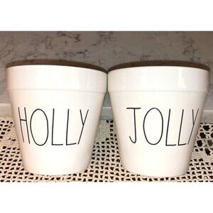 2 RAE DUNN Flower Pots Plant Holders HOLLY JOLLY  White
